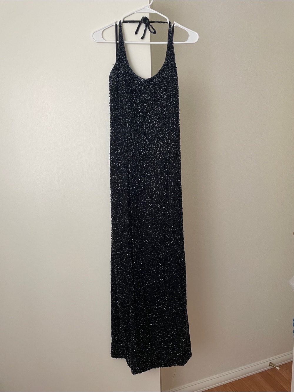 Vintage Black Sequin Halter Evening Maxi Dress